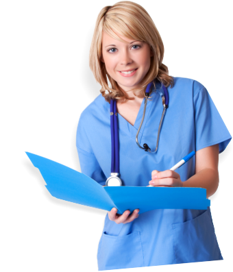 medical staff smiling while bringing folder and pen